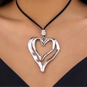 Necklace-Pewter tone double heart / adjustable/black cord 44”/heart 3x2”/NIP